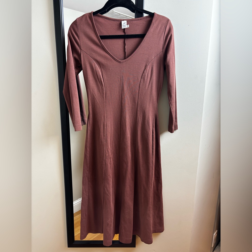 Peruvian Connection Rust Red Midi Dress Casual V-Neck Quarter Sleeve Cotton